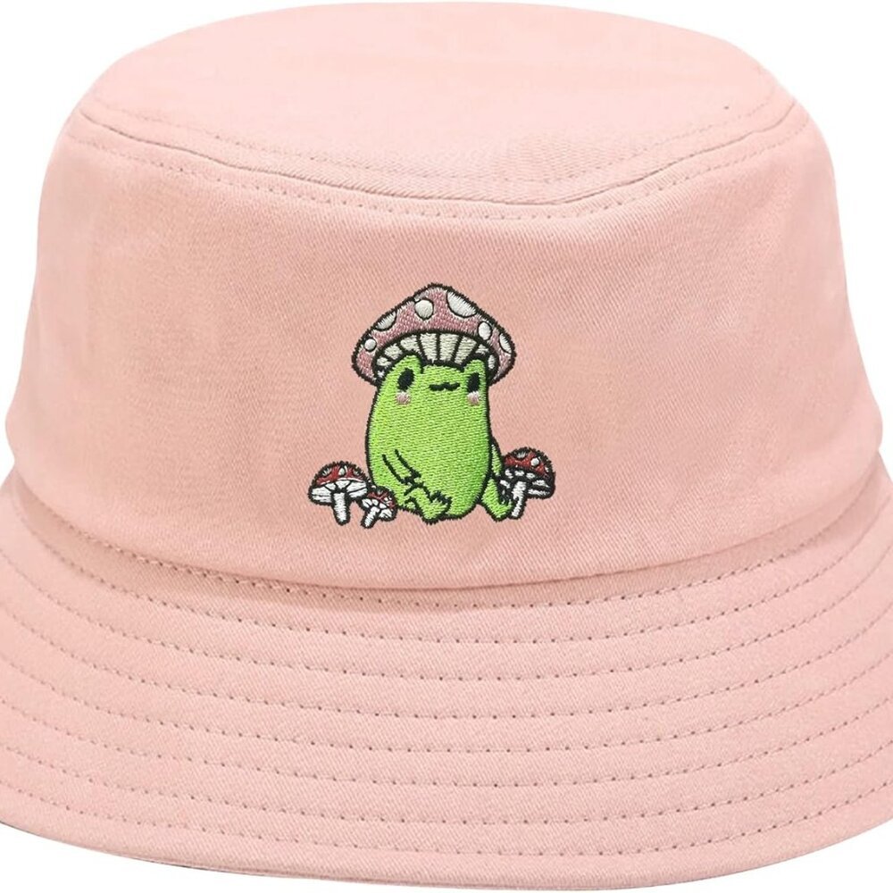Embroidered Frog with Mushroom Bucket Hat for Women Men